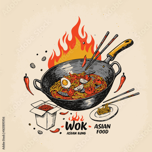 Illustration depicts a wok filled with noodles, vegetables, and flames, with chopsticks and a takeout container.