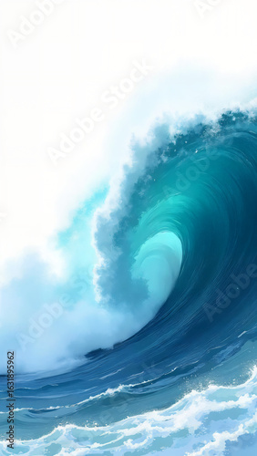 Majestic Oceanic Fury: An awe-inspiring, hand-painted depiction of a colossal ocean wave, its crest poised to crash, embodying the raw power and beauty of the sea.