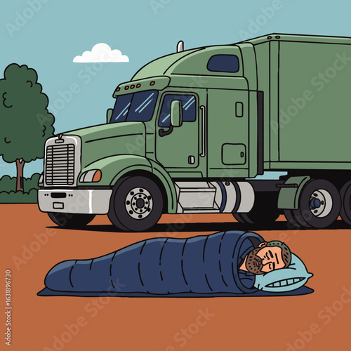 An exhausted truck driver finds peaceful rest in a sleeping bag on the ground beside his large green semi-truck during a long haul journey.