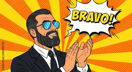 Bearded man clapping with BRAVO speech bubble in comic book style