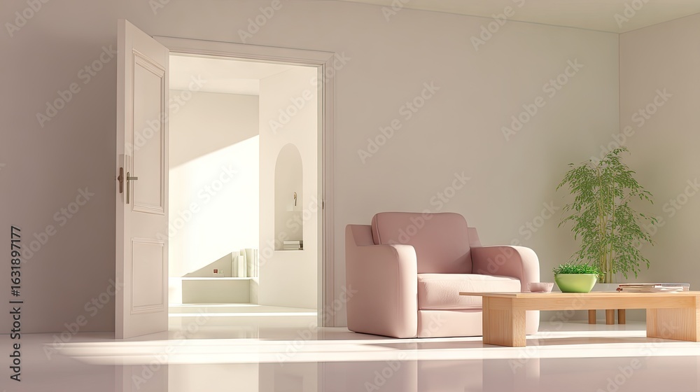 Fototapeta premium Light-filled interior with a pale pink armchair and wooden coffee table.