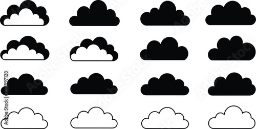 Cloud shapes silhouette set, sky and weather symbol, flat vector illustration, nature, cumulus, different cloud types, weather forecast, vector drawing.