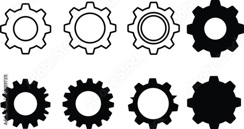 Gear and cogwheel icon set, mechanical symbol, setting and preference, industrial icon, flat vector illustration, engineering, machinery, progress.