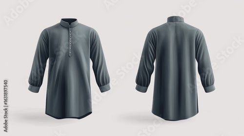 Grey modest menswear, front and back view, long sleeve traditional garment