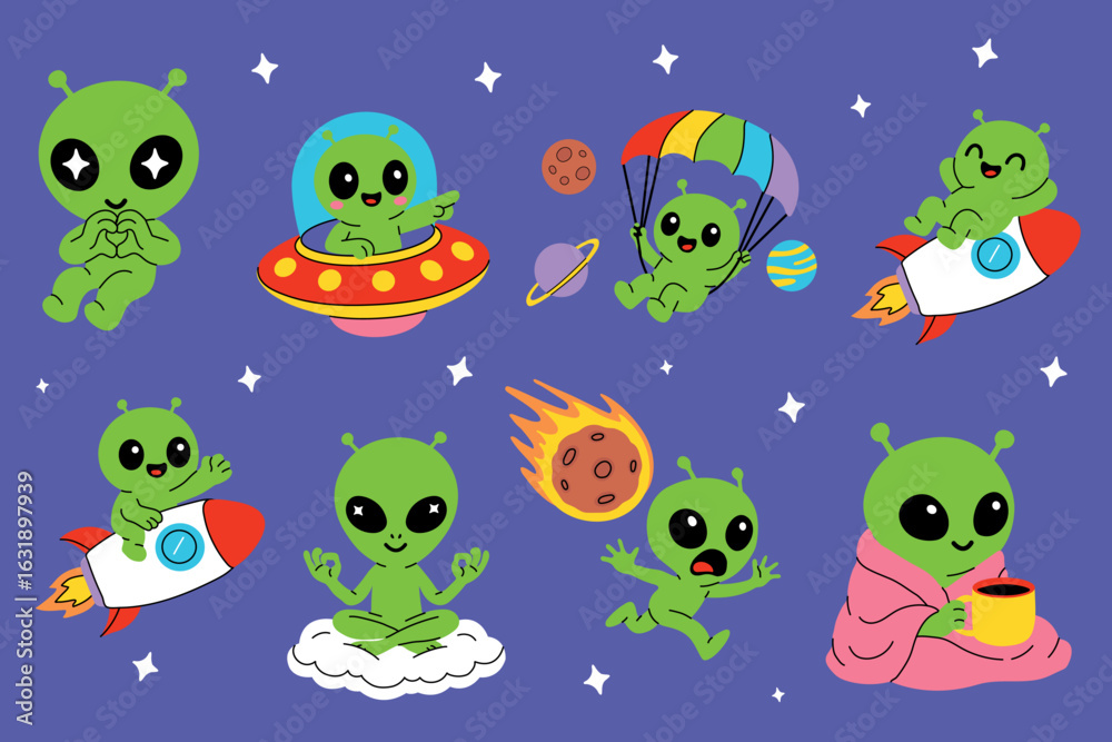 Fototapeta premium Set of cute cartoon green aliens in various space-themed scenes, including flying rockets, parachuting, meditating on clouds, drinking coffee, and interacting with UFOs, planets, meteors, and stars on