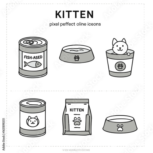 Simple line art illustration of kitten food and feeding accessories, including cans and bowls.