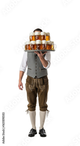 PNG cut out isolated background. A full-length portrait of a handsome young waiter wearing traditional Bavarian lederhosen balancing one trays loaded with large glass mugs of beer for Oktoberfest.