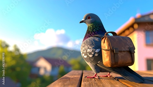 A charming pigeon, equipped with a tiny brown backpack, stands on a wooden surface, ready for an urban micro adventure under a clear blue sky.