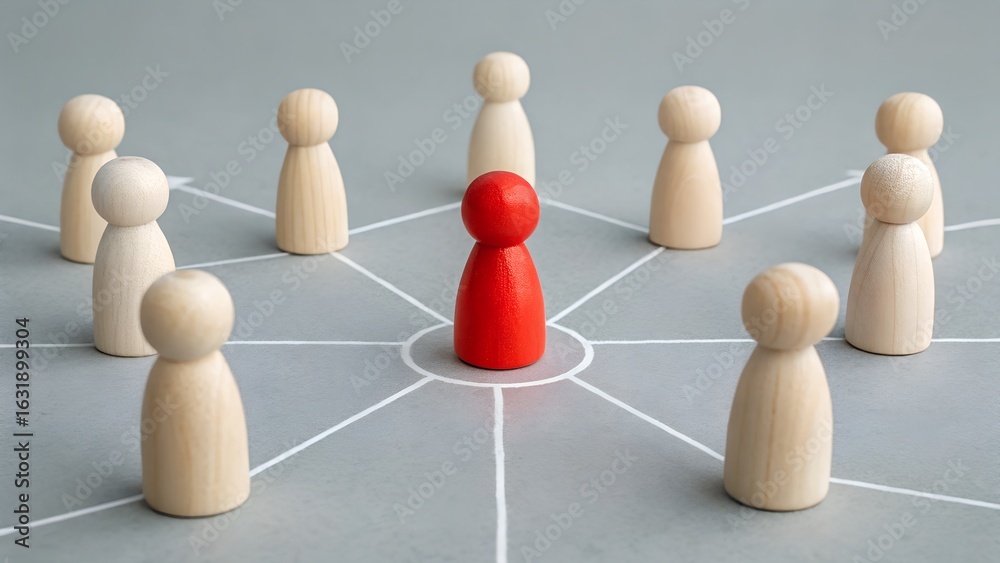 Obraz premium Central Leadership Concept – Red Wooden Figurine in Middle of Connected Network Circle on Blue Background