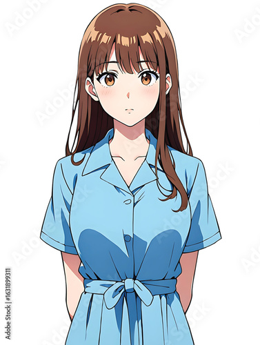 A young japanese woman with brown hair and a friendly smile wearing a light blue collared shirt with a tie belt depicted in a clean anime art style against a stark black background