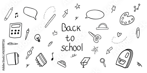 Back to School Hand Drawn Doodle Icons Set. Collection of hand drawn school doodles with educational icons like books, backpack, calculator, and stationery for learning themes.