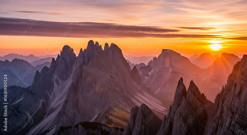 Naklejka premium Spectacular mountain range landscape at sunset, showcasing jagged peaks and warm colors