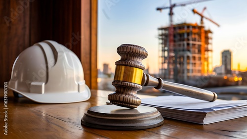 Construction law with judge gavel and safety helmet on building site