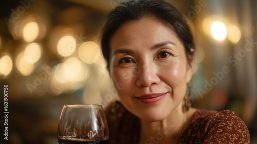 Close-up of a beautiful Asian mature woman with a glass of wine at a romantic dinner against the background of a blurred warm background of the restaurant.