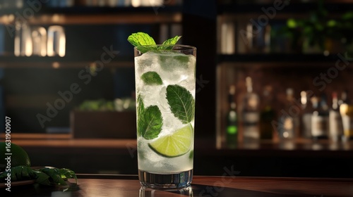 Refreshing mojito cocktail with lime and mint served at a stylish bar