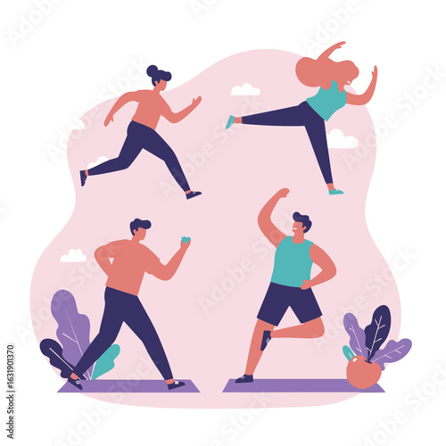 Group of active people exercising and running together. Vector illustration of men and women enjoying a healthy lifestyle and fitness workout.