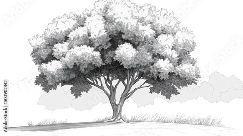 Elegant monochrome drawing of an old oak tree in a simple landscape