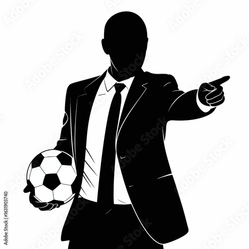 Coach in Suit Holding Soccer Ball, Pointing Gesture