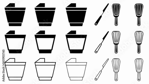 Illustration of three rows of buckets, knives and whisks in black and white kitchen utensil theme silhouette
