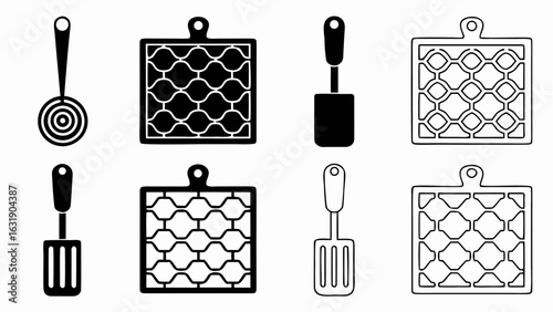 Collection of kitchen utensils including a skimmer spatula and trivets in black and white style silhouette