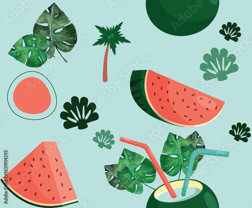A lively tropical pattern featuring watermelons, coconut cocktails, and palm leaves in bright, summery hues. Perfect for swimwear, beachwear, and vibrant summer-themed designs.