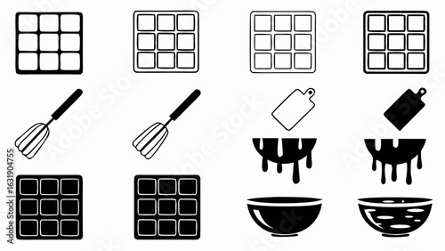 Illustration showcasing waffle grids whisks cutting boards and bowls in various styles and configurations silhouette
