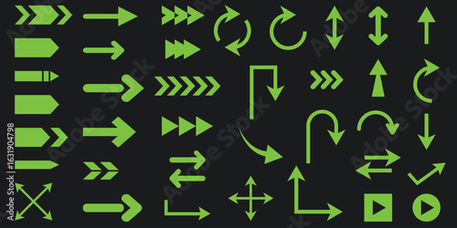 Set of different neon green arrows. Icon pointer, arrow, direction, button, move, angle, circle, rotate icon. Variation arrow symbol isolated on white background