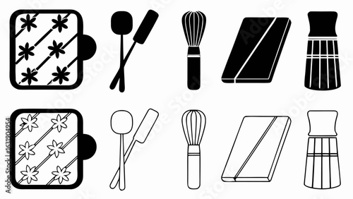 Illustration of cosmetic tools including eyeshadow palettes brushes and applicators in black and white style silhouette