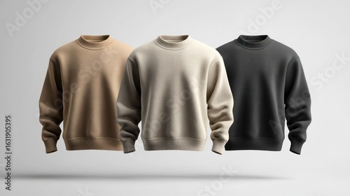 Minimalist studio shot showcases textured sweatshirts in earthy neutrals