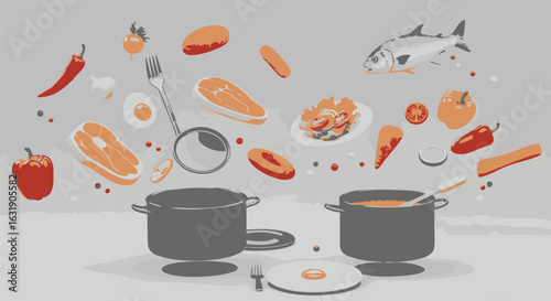 Culinary concept of a healthy recipe with fresh ingredients like fish, meat, and vegetables flying into cooking pots.