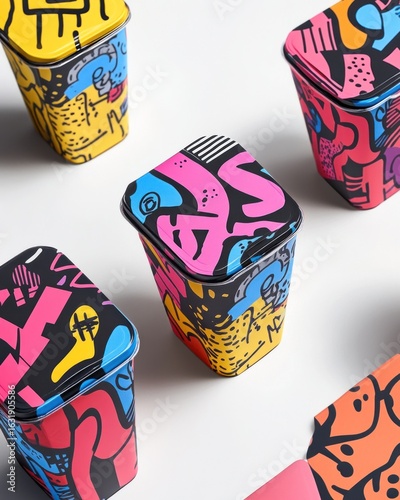 Vibrantly decorated tin cans arranged on a clean white surface display