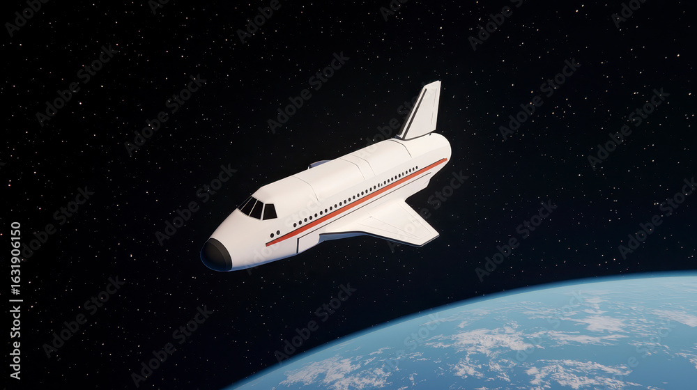 Fototapeta premium Luxury space cruise ship orbits Earth, showcasing advanced technology and sleek design against backdrop of stars and planet surface. scene evokes sense of wonder and exploration