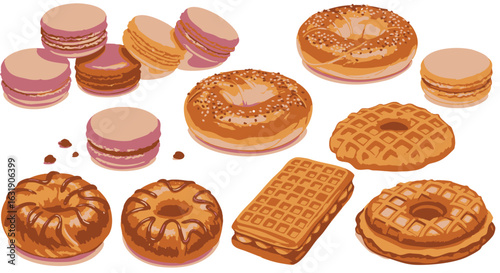 Assorted baked goods, including macarons, bagels, donuts, and waffles, displayed in a graphic design.