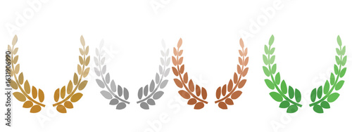 Set of colored laurel wreaths, gold silver bronze copper green award symbols, achievement and ranking badges, certificate and trophy decoration, royalty free vector clipart illustration