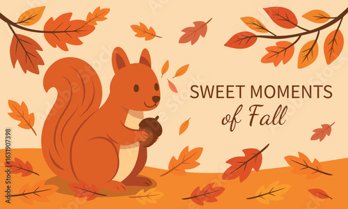 Cute autumn vector illustration with a squirrel holding an acorn surrounded by colorful autumn leaves. Warm beige and orange palette is perfect for seasonal cards, banners and book illustrations