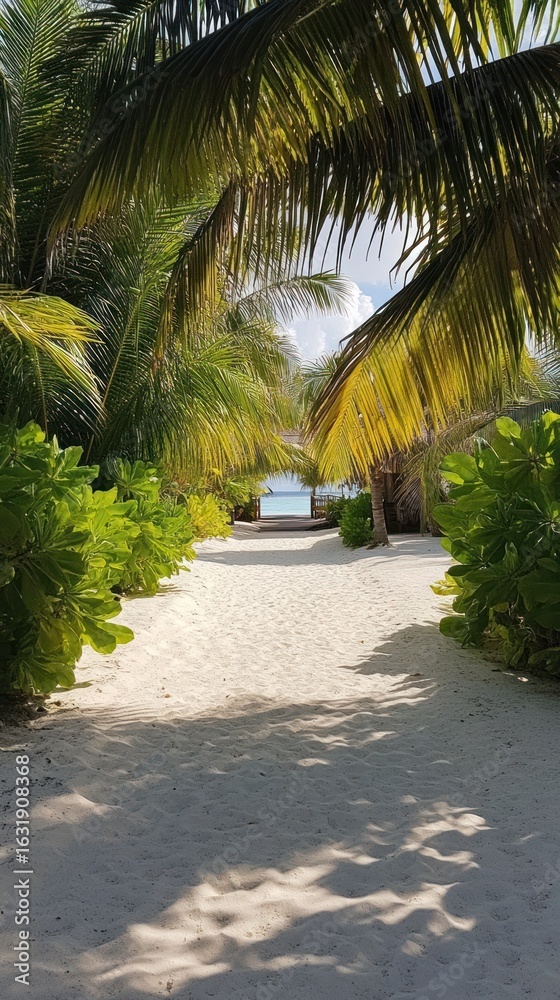 Fototapeta premium Tropical gateway, Path to ocean paradise framed by vibrant greenery