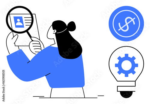 Woman focusing on a document with magnifying glass, suggesting analysis. Dollar sign, gear, lightbulb convey financial, problem-solving, and innovation themes. Ideal for process, review research