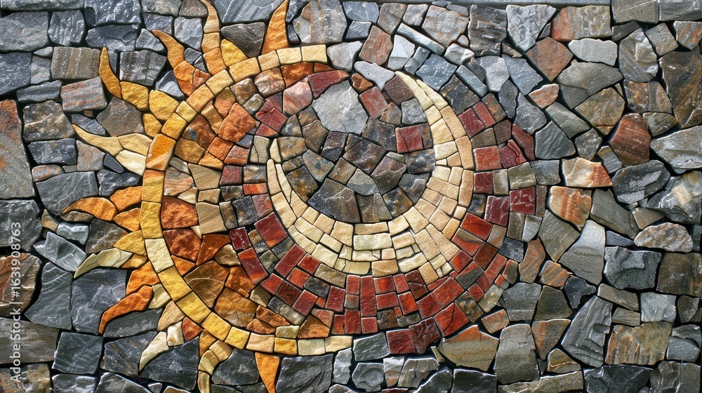 Fototapeta premium Spectacular stone wall mosaic with sun and crescent moon pattern, unique artistic design