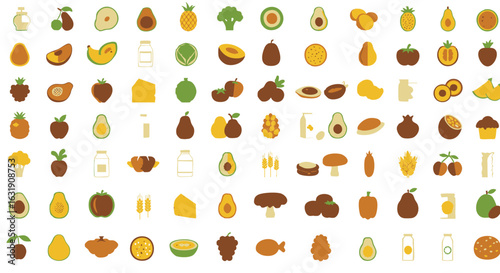 Flat design food icons set. Vector illustration collection of healthy organic fruits, vegetables, and groceries for nutrition and diet concepts.
