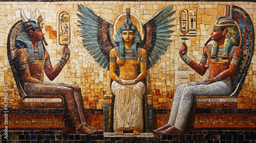 Ancient Egyptian mosaic mural depicting gods and hieroglyphic symbols