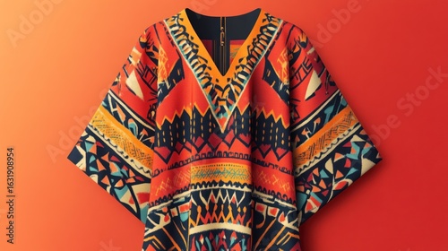 Vibrant poncho with geometric patterns showcased against warm orange background
