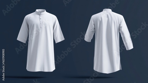 Elegant Front and Back View of a White Thobe on Dark Blue Backdrop