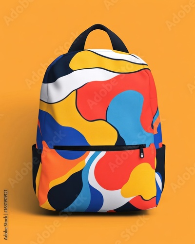 Vibrant abstract patterned backpack against a solid color backdrop