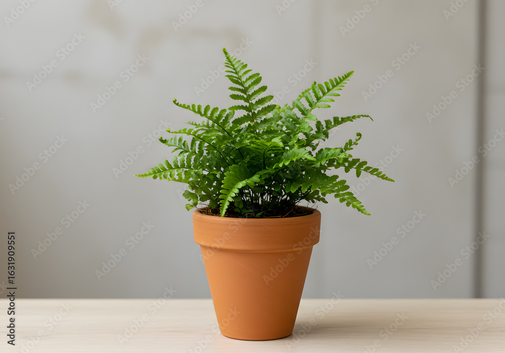 Fototapeta premium Green fern plant in terracotta pot indoor still life