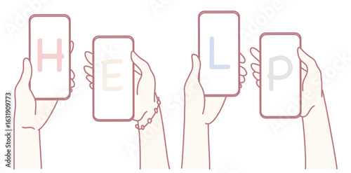 An illustration depicting hands holding mobile phones, which display letters coming together to form the word HELP