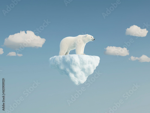 Polar bear stands majestically on small ice platform, surrounded by clear blue sky and fluffy white clouds. This scene evokes sense of isolation and highlights impact of climate change on wildlife