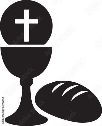 Christian communion symbols chalice bread and cross isolated on white background