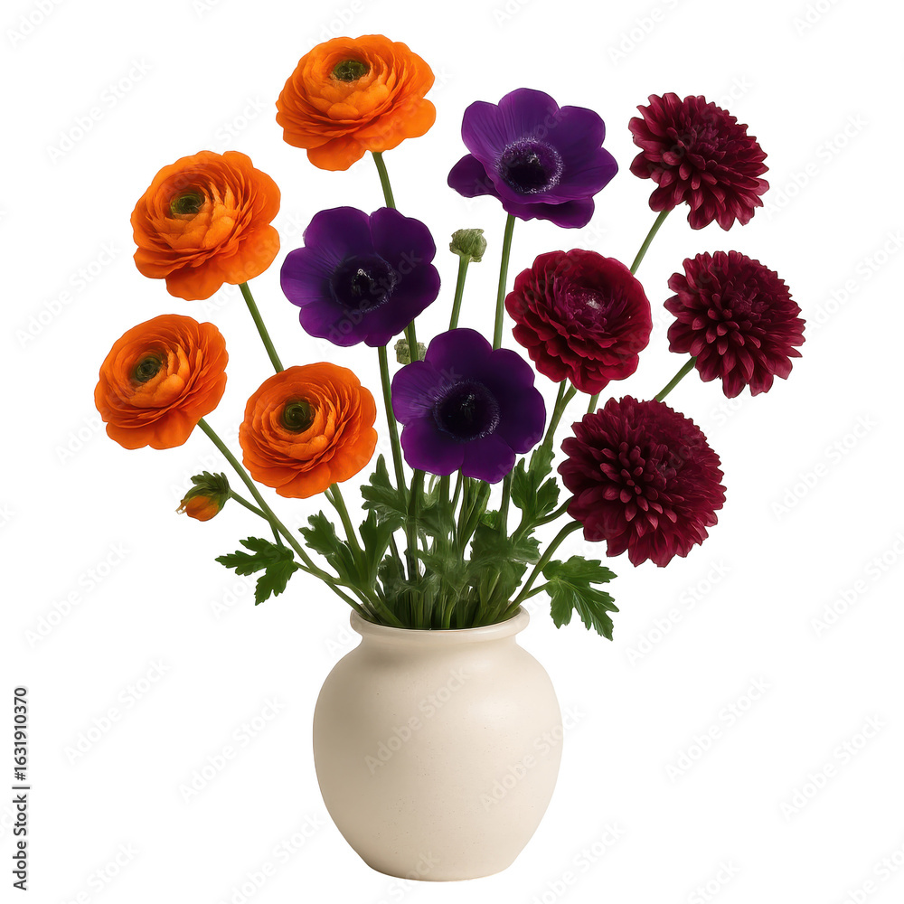 Obraz premium Vibrant Orange Purple Red Flowers Vase Arrangement ranunculus