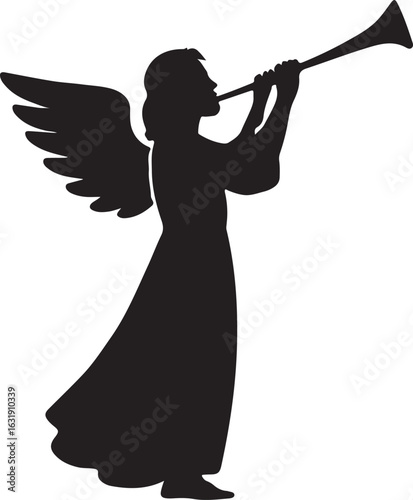 Silhouette of an angel playing a trumpet isolated on white background
