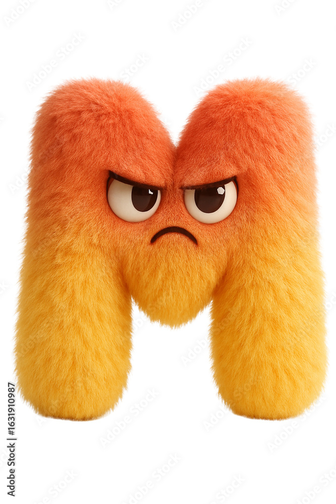 Obraz premium Furry Angry Letter M Character - Cute Fluffy Alphabet Mascot on transparent Background